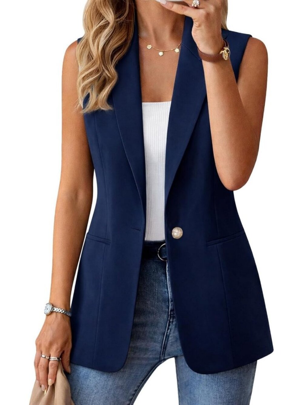 Lightweight Sleeveless Blazer Vest - Open Front Casual Jacket for Women